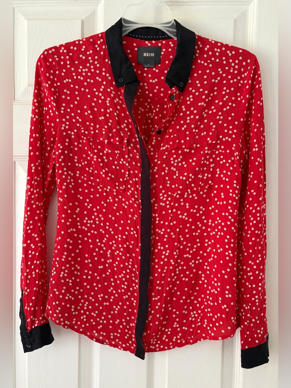 Maeve Red Polka Dot Button-Down Shirt with Black Trim